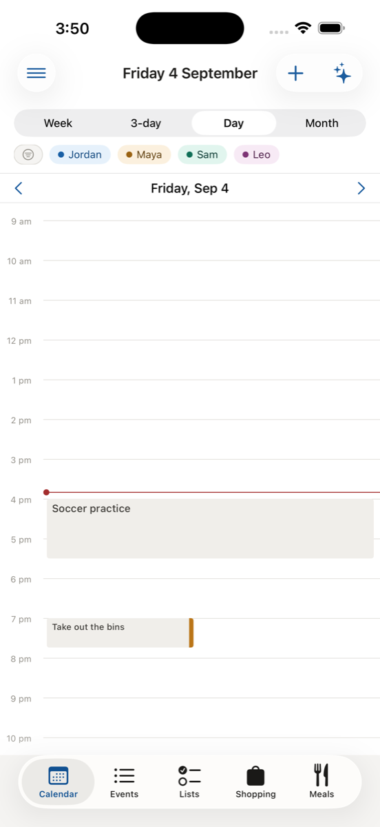 FamPlan calendar, day view: soccer practice at four and a chore due at seven
